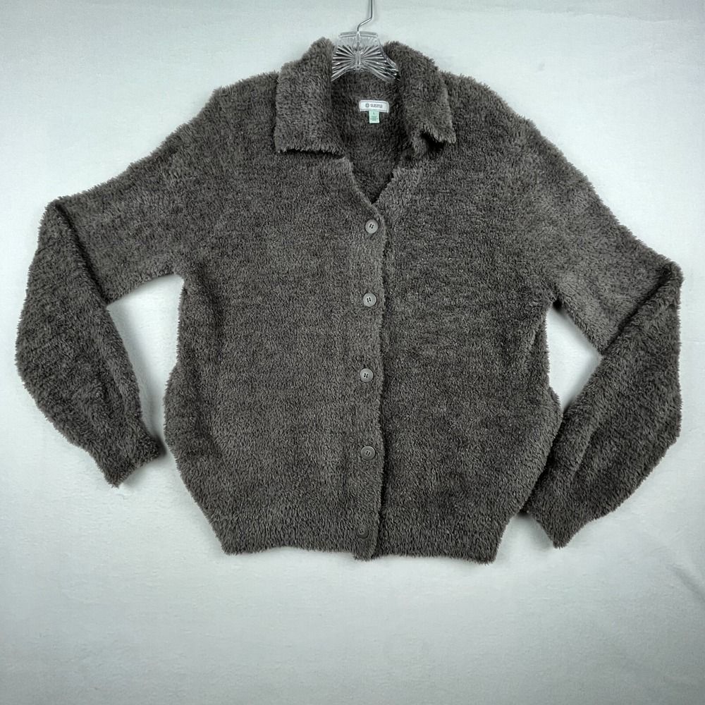 Susina Cardigan Sweater Womens Large Gray Brown Polyester Plush Classic Collared